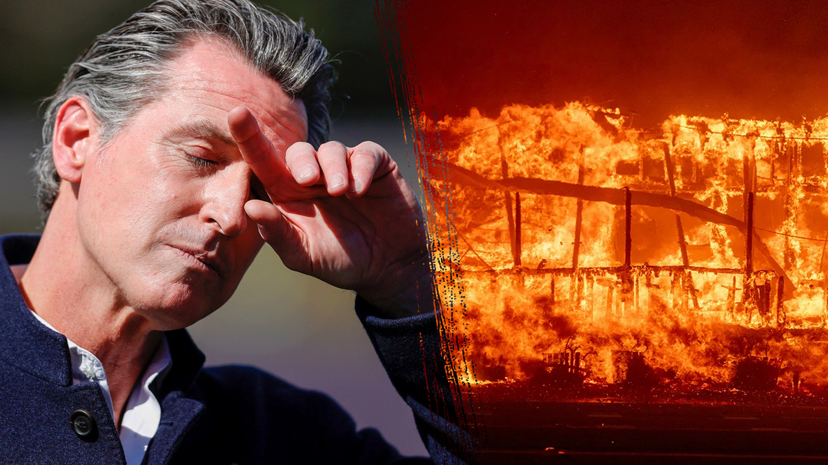 Governor Gavin Newsom (left) and LA wildfires (right)