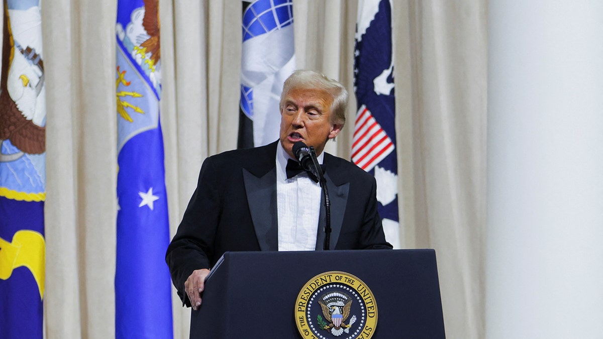 Donald Trump on the podium at the inauguration ball