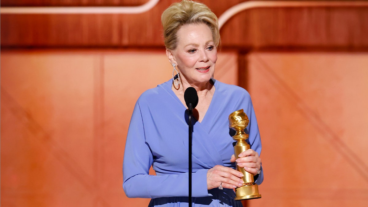 Jean Smart on stage with Golden Globes