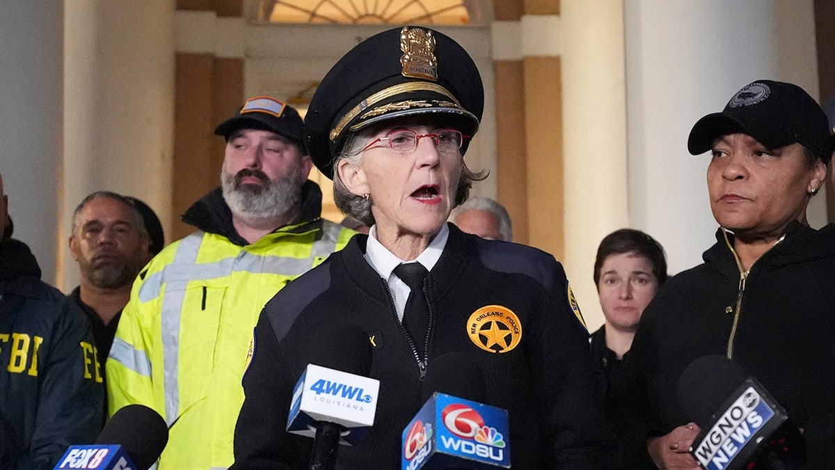 New Orleans Police Chief Anne Kirkpatrick talks to reporters