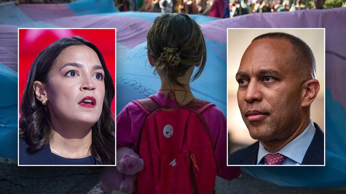 Alexandria Ocasio-Cortez and Hakeem Jeffries with a trans flag background