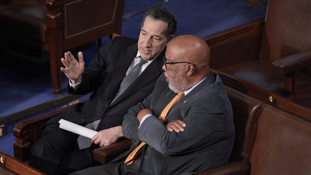 Rep. Jamie Raskin, D-Md., left, and Rep. Bennie Thompson, D-Miss., who chaired the House committee that investigated the Jan. 6, 2021 attack on the Capitol, are speak on the House floor as lawmakers gather for a joint session of Congress to certify Electoral College votes in the presidential election, in Washington, Monday, Jan. 6 2025 