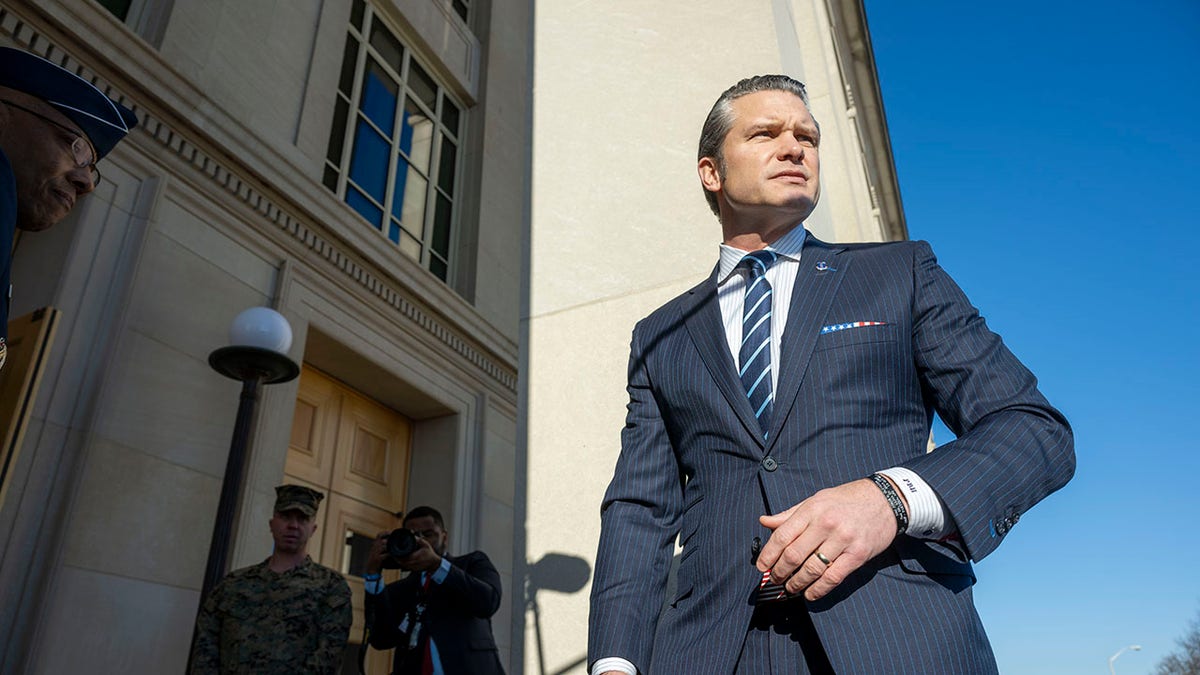 Defense Secretary Pete Hegseth arrives at the Pentagon, Monday, Jan. 27, 2025 in Washington