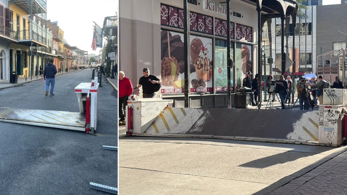 Sebuah barikade di Jalan Bourbon (kanan) kembali dipasang pada 2 Januari, sehari setelah serangan teroris, sementara penghalang di jalan lain di French Quarter (kiri) dipasang kembali pada 2 Januari.