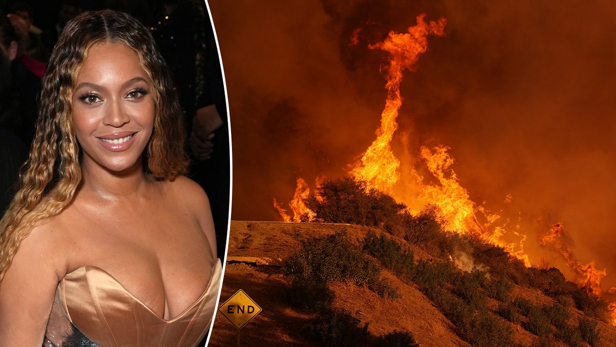 A split image of Beyonce and California fires