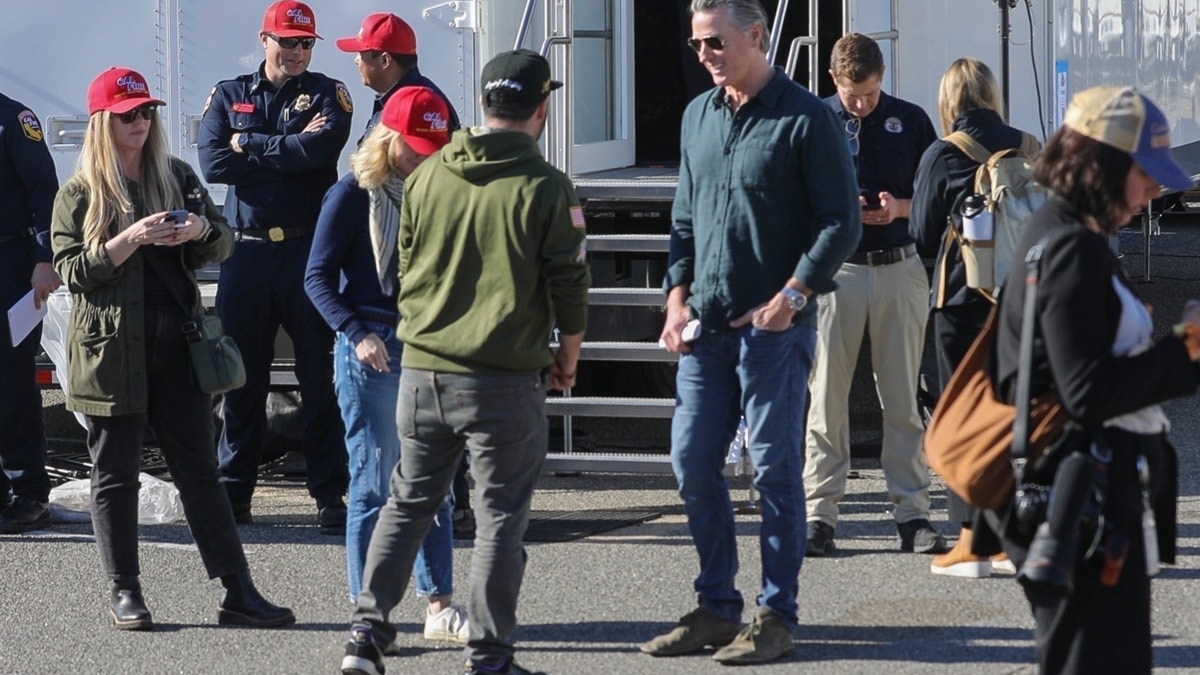 gavin newsom laughing at palisades base camp in malibu 
