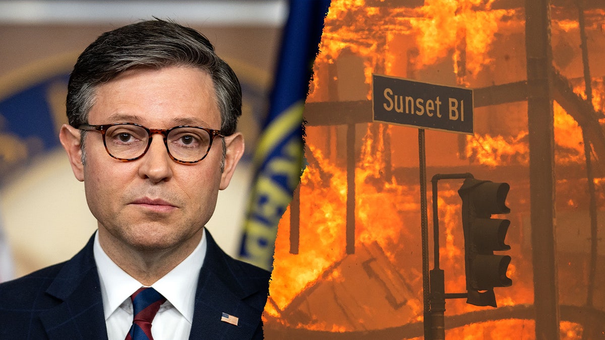 Speaker of the House Mike Johnson next to a photo of the California wildfires