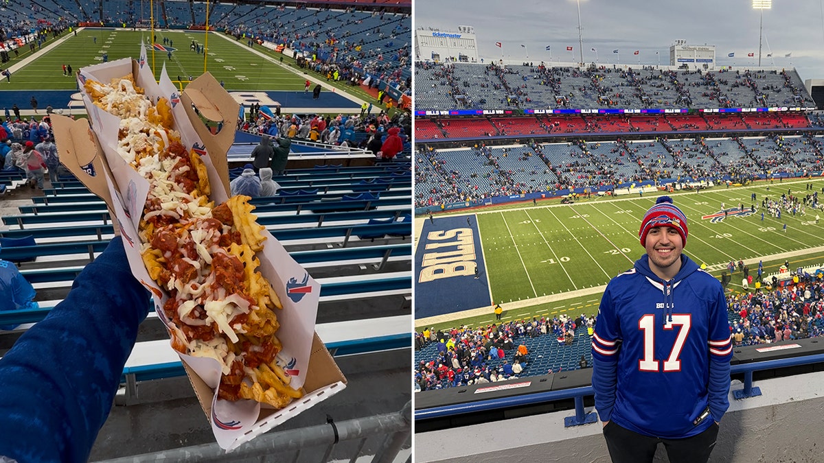 Buffalo Bills fan and content creator Cameron Guzzo reviewed "battle boat," A two-foot plate of waffle fries topped with various foods, during a game.