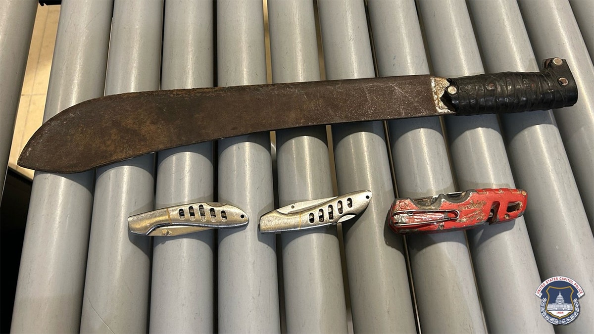 A collection of knives seized at the Capitol lay on a conveyor belt, including an arg machete