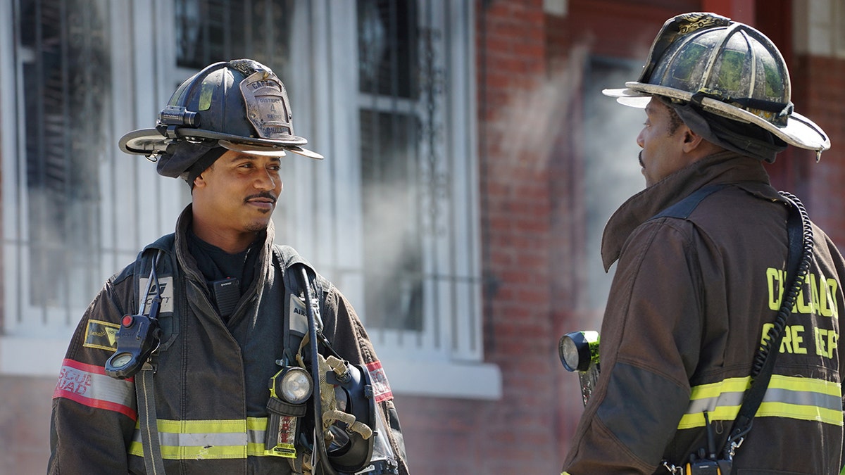 A picture of Brian J. White in a firefighters uniform in an episode of "Chicago Fire" 