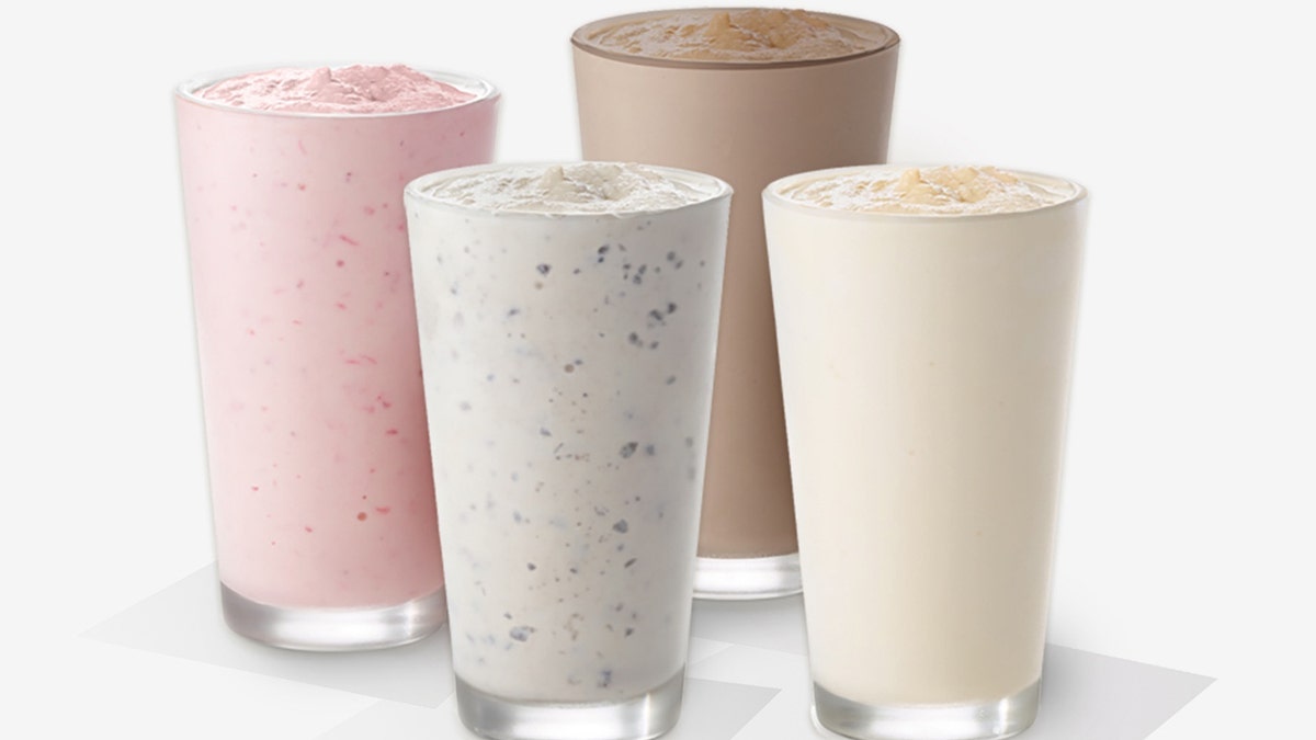 All four standard flavors of Chick-fil-A milkshakes are shown on a white background.