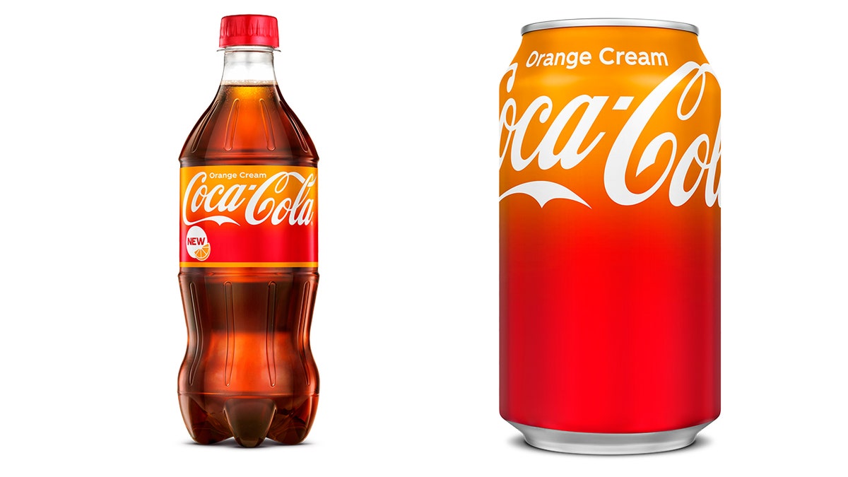 Coca-Cola Orange Cream is shown in its bottle and can form.