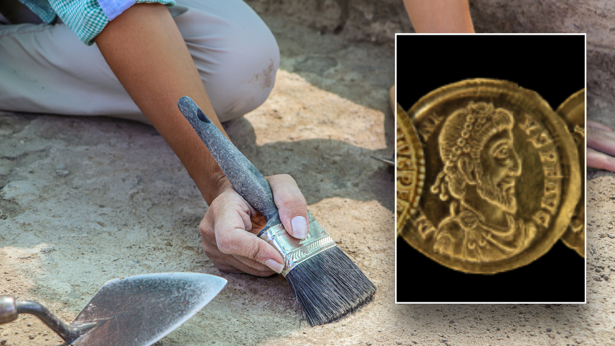 Split image of archaeologist, coin