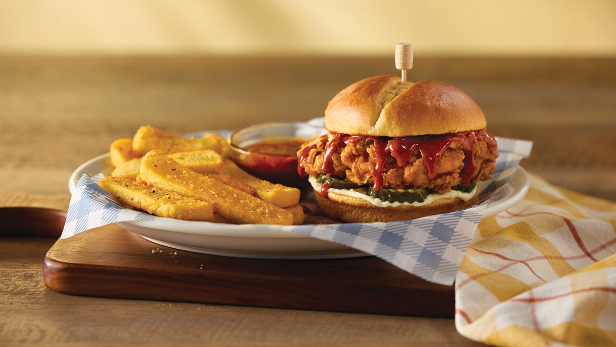 Cracker Barrel's Signature Saucy Chicken Sandwich is pictured.