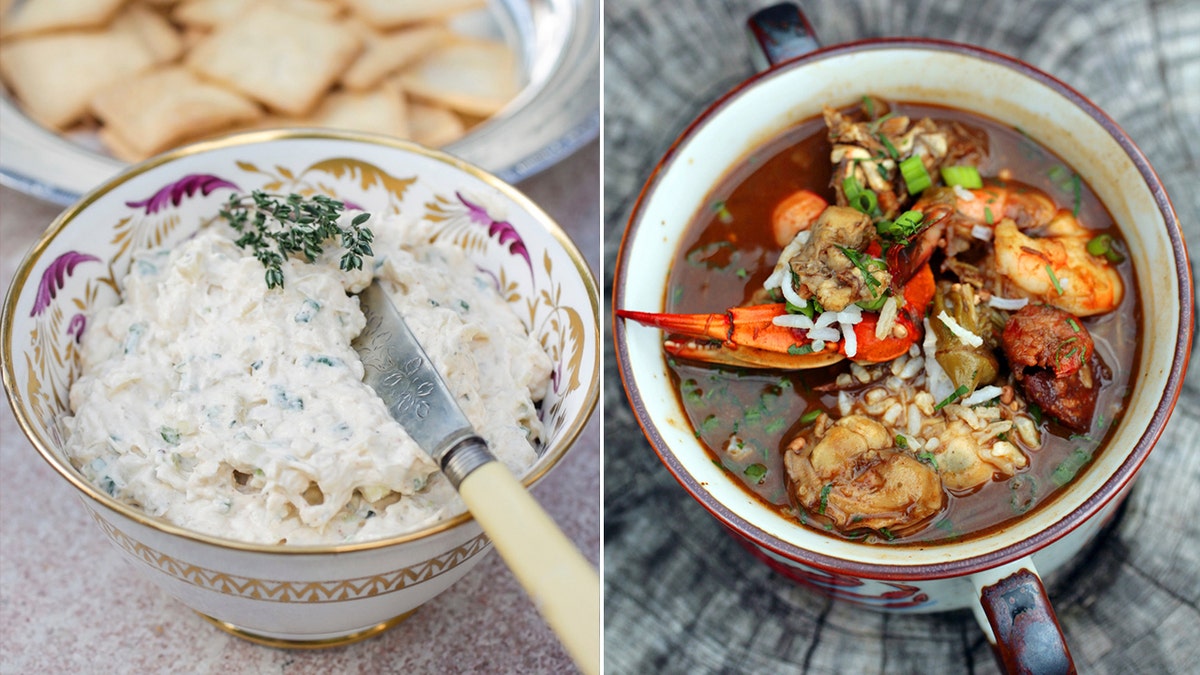 New Orleans Chef Donald Link's Creamy Onion Dip, Left, dan Super Bowl Sunday Seafood Gumbo.