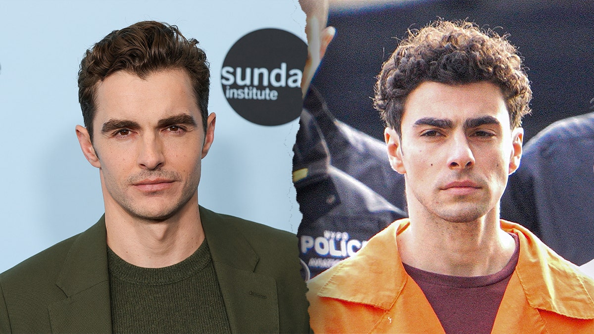 Dave Franco on the carpet looks serious at the camera wearing a green jacket and split accused murderer Luigi Mangione in a maroon t-shirt underneath an orange jumpsuit looks serious during perp walk