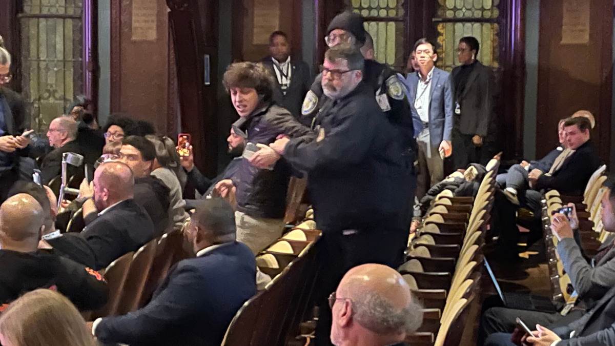 Hecklers are seen being removed by Georgetown University information    astatine  the DNC seat  predetermination  statement   astatine  Georgetown University connected  Jan. 30 2025.