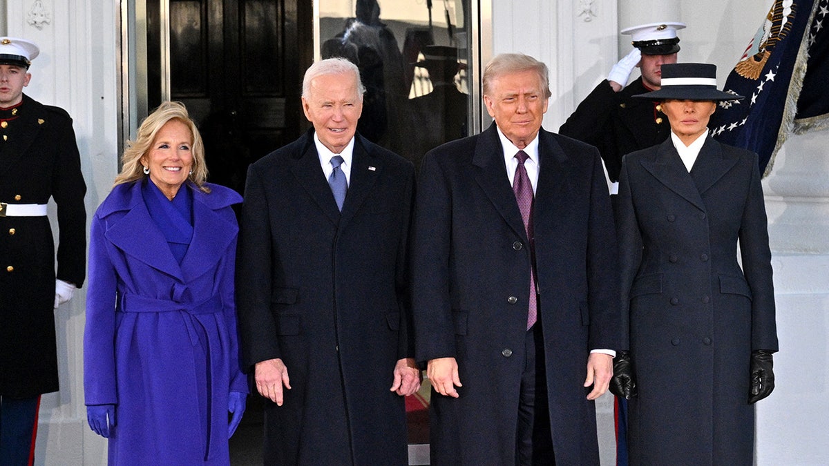 US President Joe Biden and First Lady Jill Biden pose alongside President-elect Donald Trump and Melania Trump