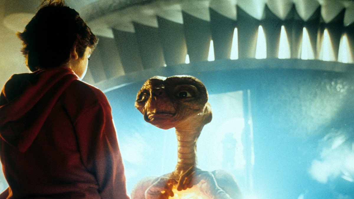 Henry Thomas with his back to the camera looks at E.T. in the movie, 'E.T. The Extra-Terrestrial'