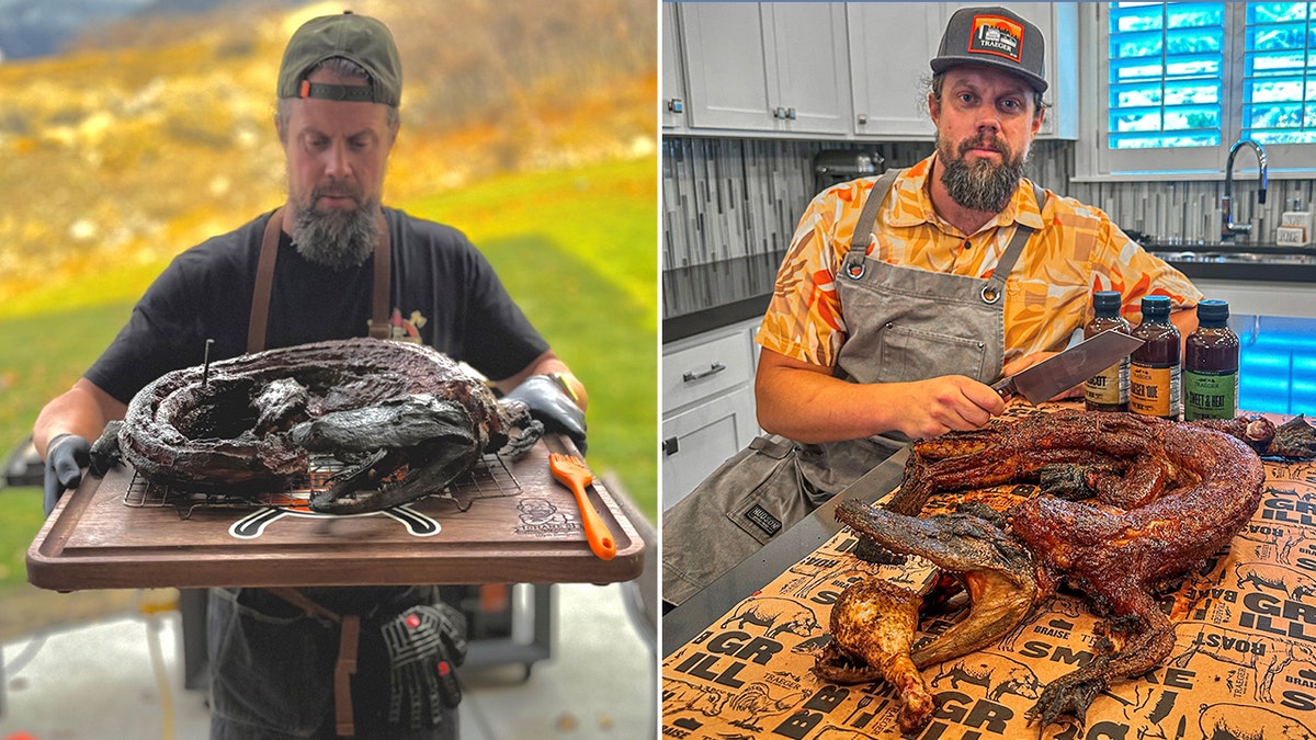 Erik Svendsen proudly displays his barbecue alligator on a cutting board outside, left, and on a table in his kitchen.