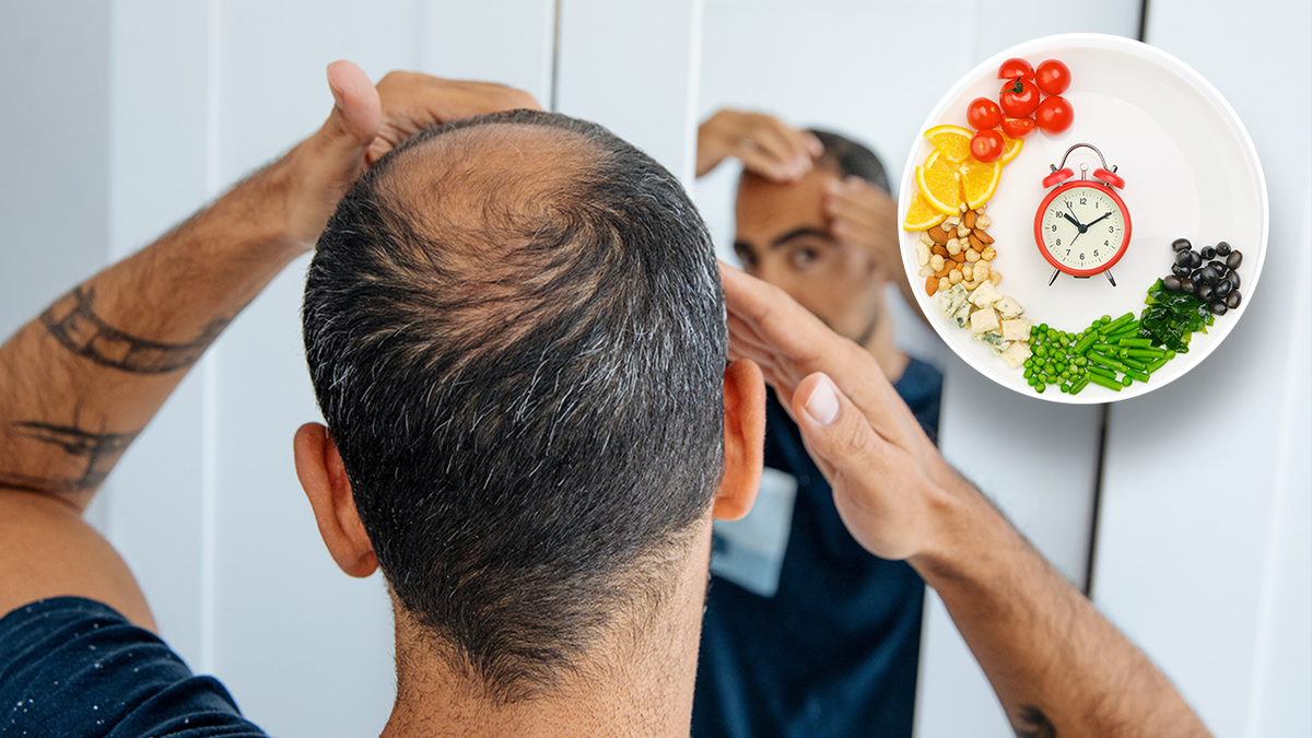 Graphic of a man checking out his bald spot and a clock surrounded by whole foods