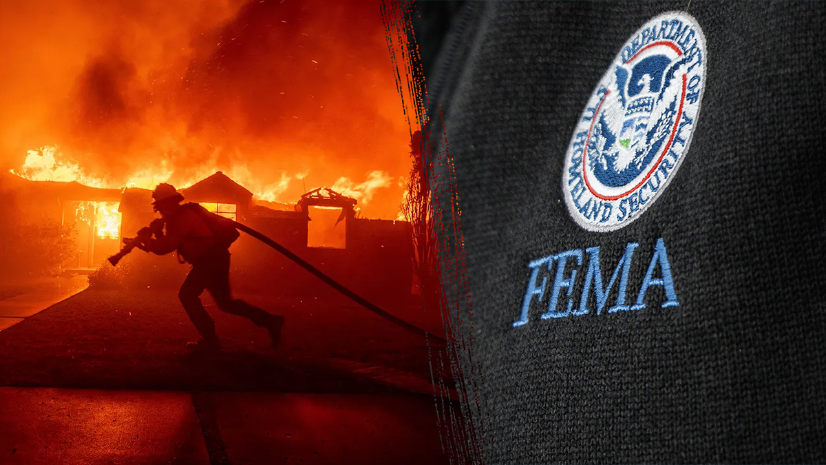 The Federal Emergency Management Agency (FEMA) logo next to an image of a California firefighter battling raging wildfires that have struck the southern part of the state. 