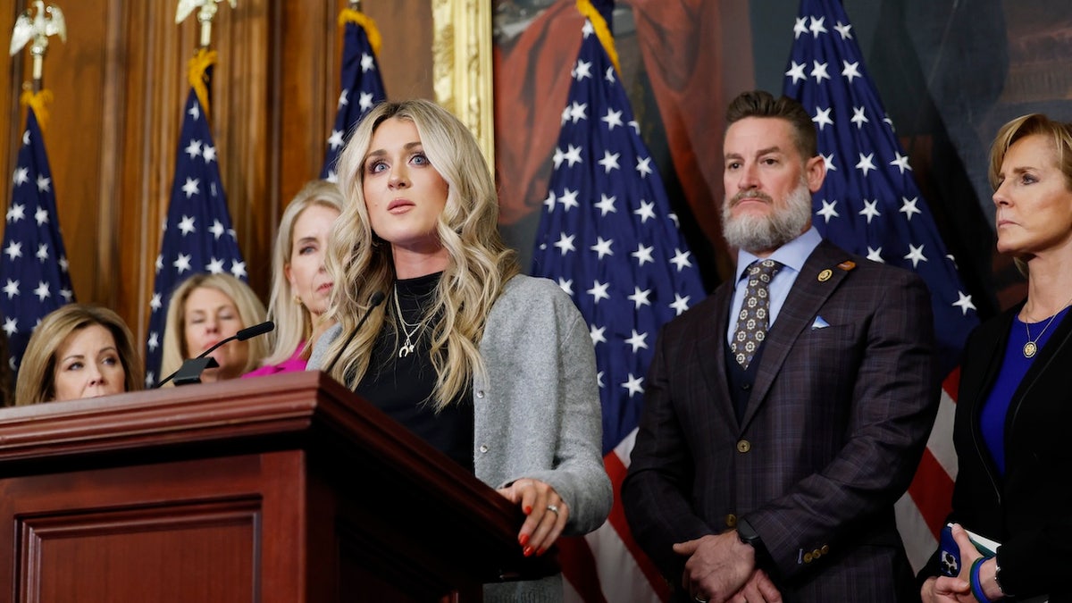 Riley Gaines speaks at a news conference following the House vote on the Protection of Women and Girls in Sports Act at the U.S. Capitol on Jan. 14, 2025.