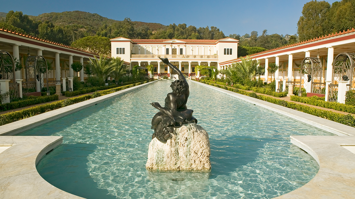 Colonnade and long pool of the Getty Villa, Malibu Villa of the J. Paul Getty Museum in Los Angeles, California