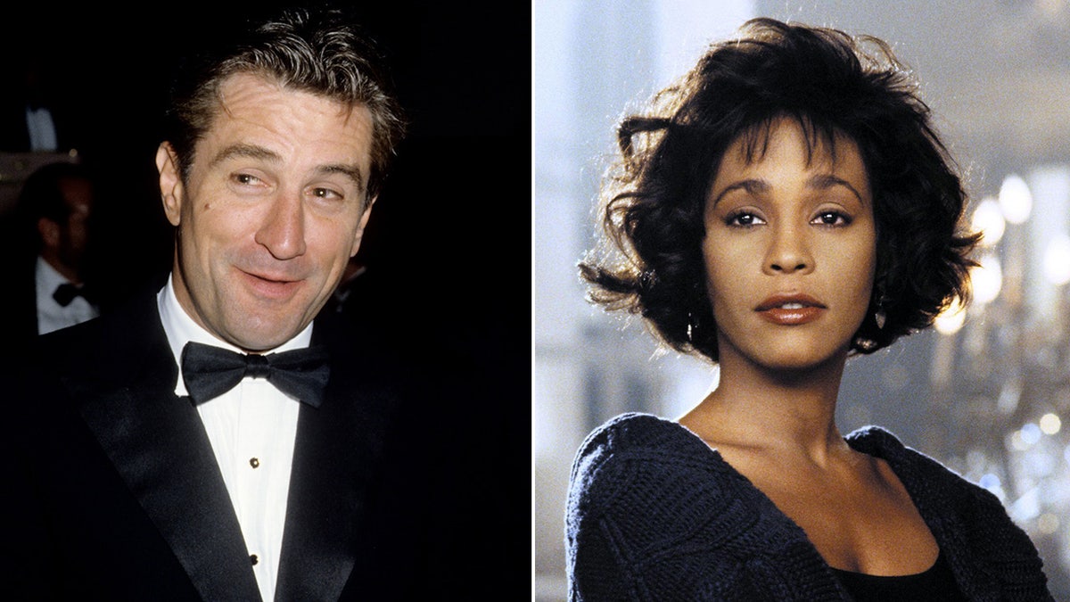 A split side-by-side photo of Robert De Niro in a tuxedo smirking and Whitney Houston wearing a grey sweater.