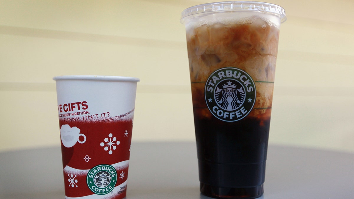 A Tall cup next to a Trenta cup. 