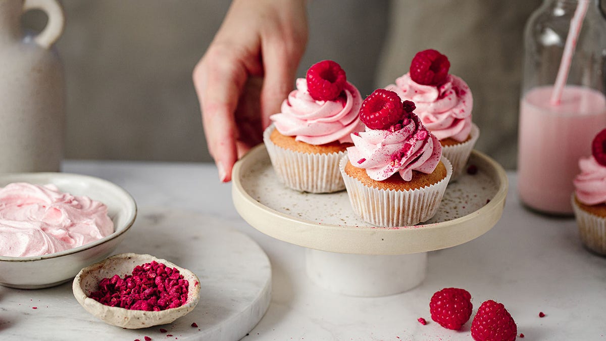 pink cupcakes in a tray