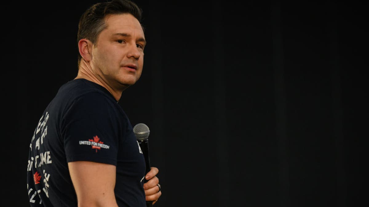 Leader of Canada's Conservative Party, Pierre Poilievre, speaks during at a rally in Edmonton, on March 27, 2024, in Edmonton, Alberta, Canada.