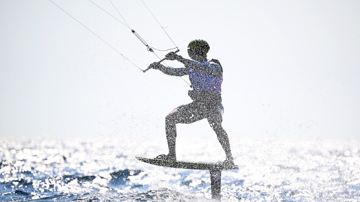 Bruno Lobo of Team Brazil competes in the Men's Kite on day thirteen of the Olympic Games Paris 2024 at Marseille Marina on August 08, 2024 in Marseille, France.