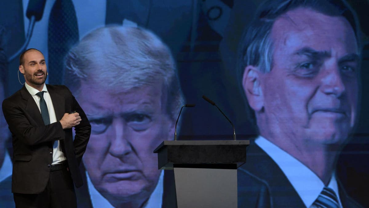 Eduardo Bolsonaro, member of the Chamber of Deputies of Brazil and son of former Brazilian President Jair Bolsonaro, speaks during the Conservative Political Action Conference in Buenos Aires on Dec. 4, 2024.