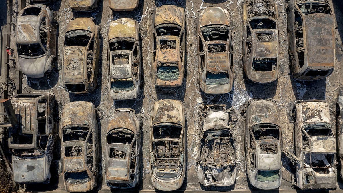 Aerial view of burned cars in Los Angeles