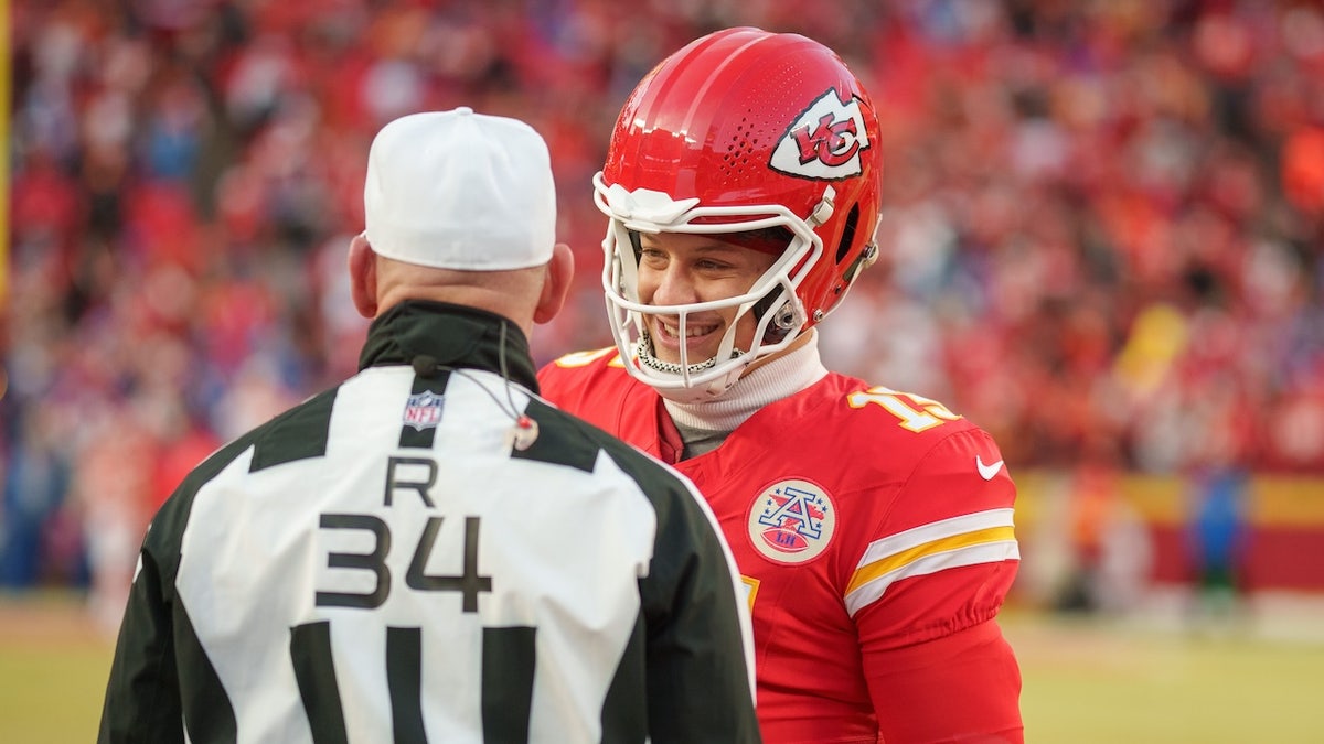 Chiefs quarterback Patrick Mahomes talks to referee Clete Blakeman prior to the AFC Championship against the Buffalo Bills on Jan. 26, 2025, in Kansas City, Mo.