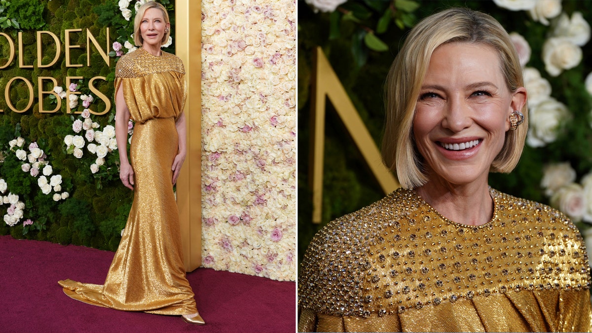 Cate Blanchett, nominated for her role in the miniseries "Disclaimer," She walked the red carpet at the 2025 Golden Globe Awards in a sparkling gold dress.