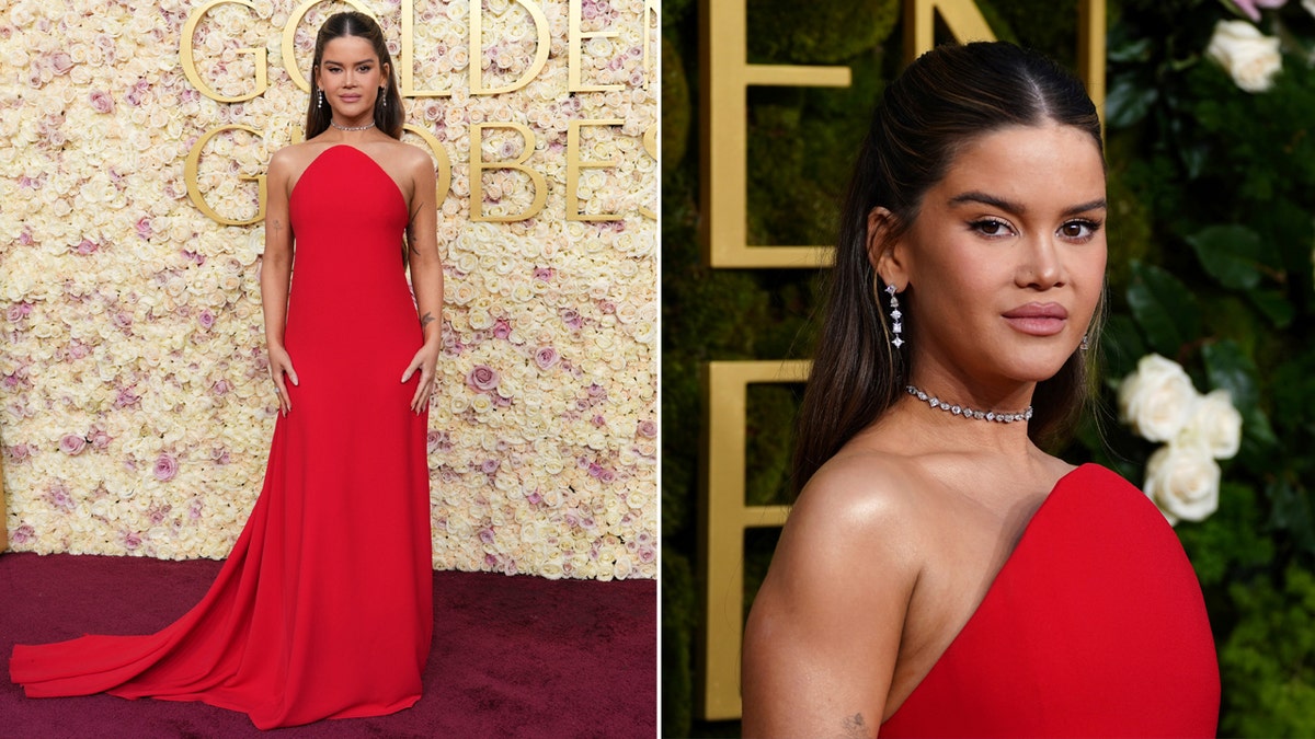 Maren Morris walks the red carpet as he gets his first Golden Globe nomination for his song, "kiss the sky" from the movie, "wild robot," Wearing a halterneck red dress.