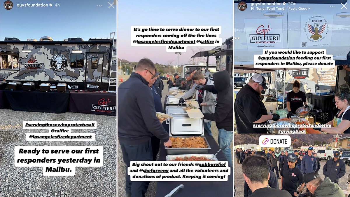 Photos of first responders being served food by Guy Fieri Foundation