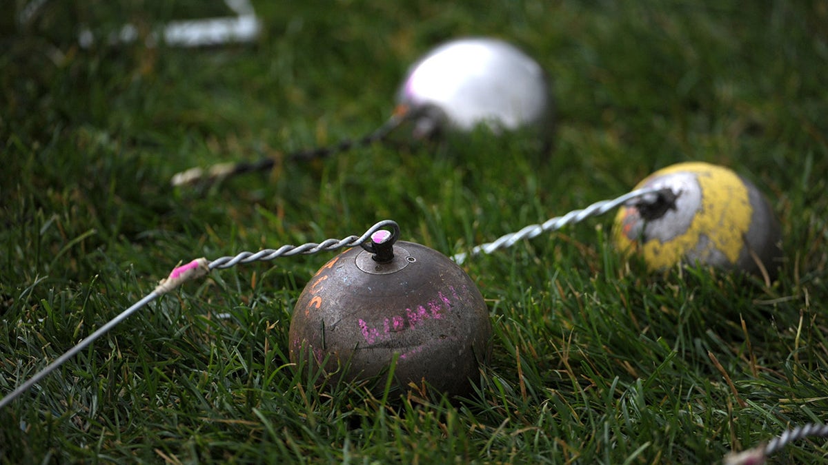 Jun 9, 2011; Des Moines, IA, USA; General view of implements during the women's hammer throw at the 2011 NCAA Track &amp; Field Championships at Drake Stadium. 