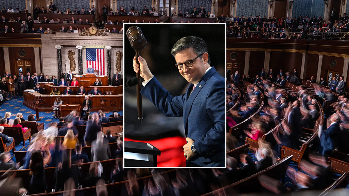 Inset: Johnson with a gavel. Main image: House chamber with members of Congress