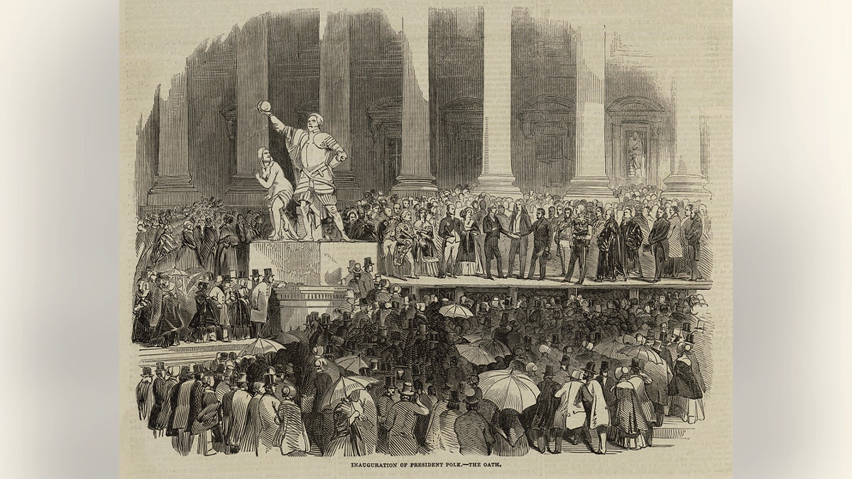 James Polk takes the presidential oath at his inauguration in this illustration of his inauguration.