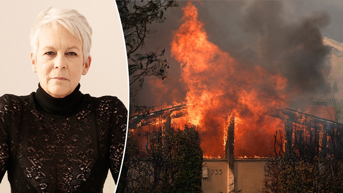 a split image of Jamie Lee Curtis and the LA wildfires