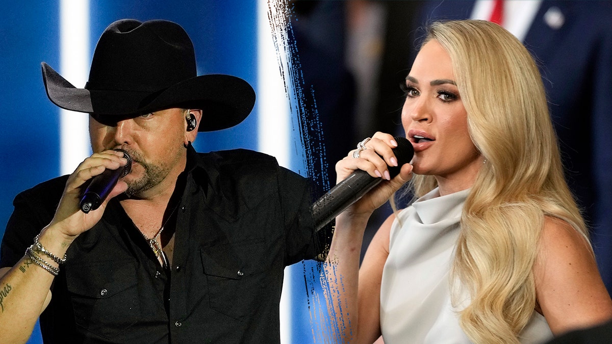 Jason Aldean in a black short sleeve shirt and black cowboy hat performs on stage and outstretches his left arm at the Liberty Ball split Carrie Underwood in a grey dress holds the microphone close to her mouth as she performs at the inauguration