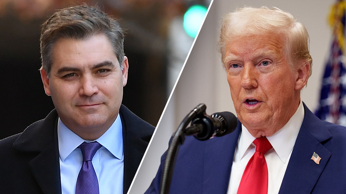Split photo showing Jim Acosta and Trump