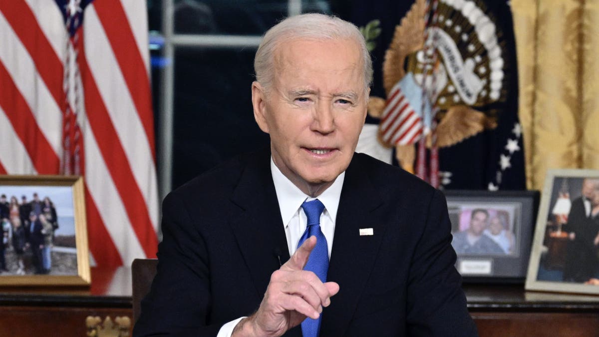 President Joe Biden speaks from the Oval Office of the White House as he gives his farewell address Wednesday, Jan. 15, 2025, in Washington. (Mandel Ngan/Pool via AP)