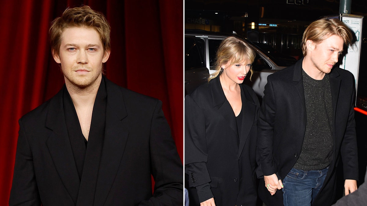 Side by side photo of Joe Alwyn solo and Taylor Swift and Joe Alwyn walking hand in hand