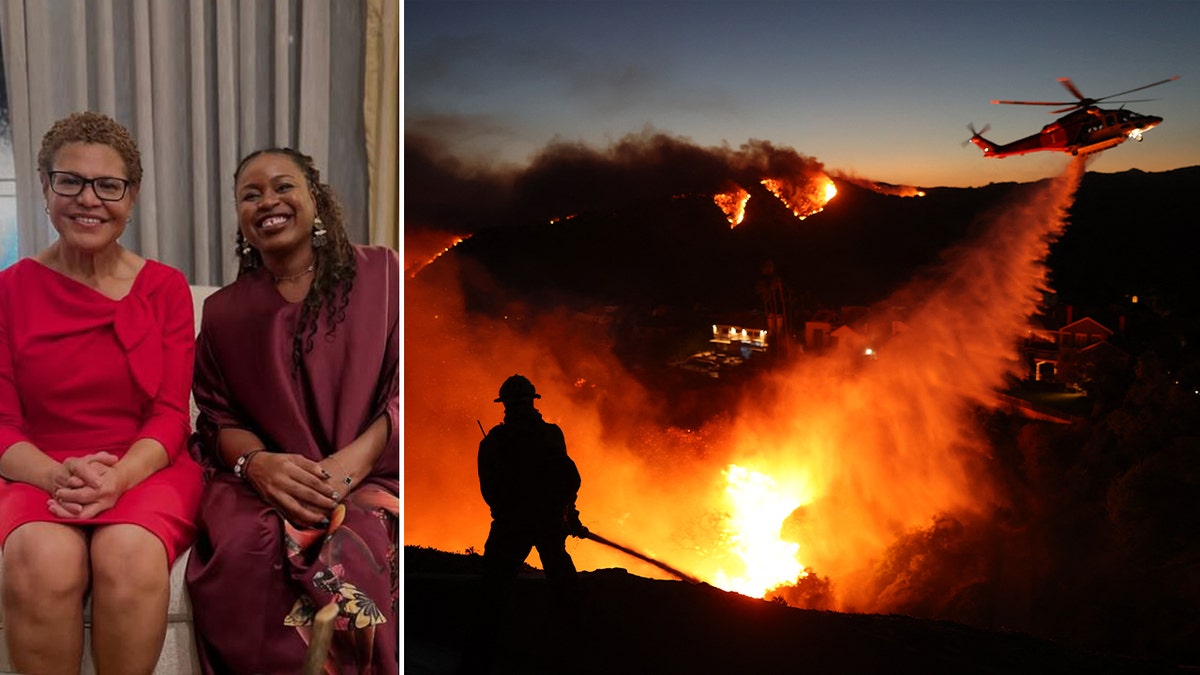 (Left) Los Angeles Mayor Karen Bass attends a cocktail party in Ghana on Jan. 7, 2025. (Right)  Fire personnel respond to homes destroyed while a helicopter drops water as the Palisades Fire grows in Pacific Palisades, California on Jan. 7, 2025.