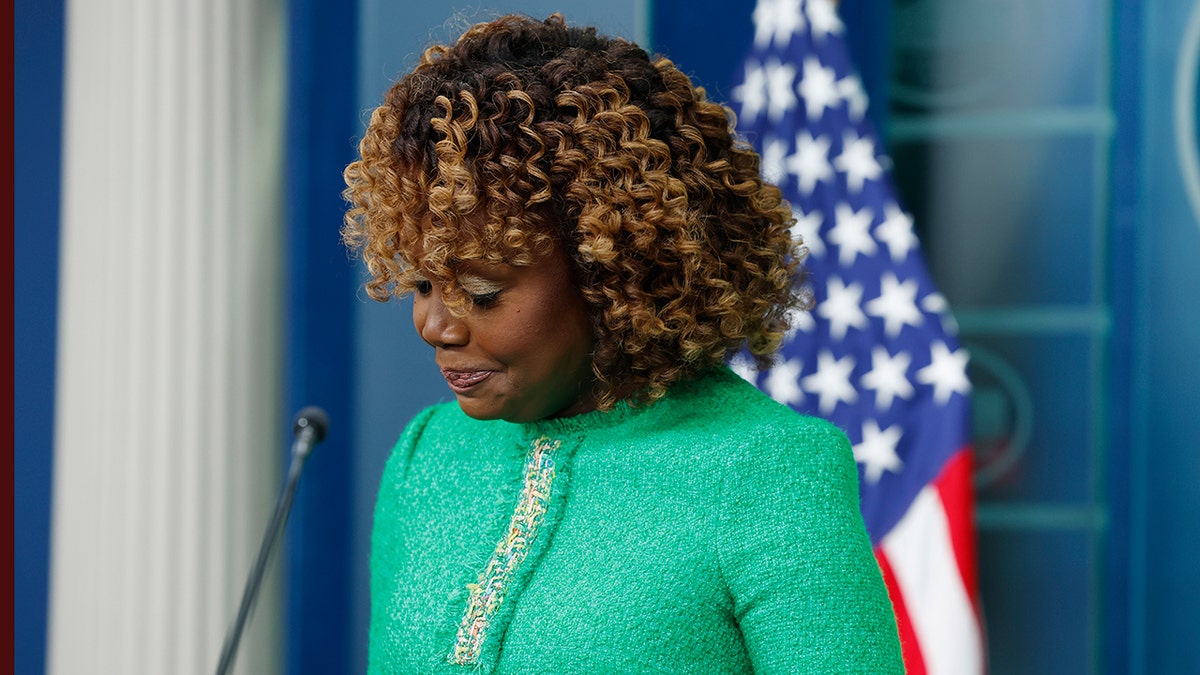 White House press secretary Karine Jean-Pierre becomes emotional as she speaks during a news conference in the Brady Press Briefing Room at the White House on January 15, 2025 in Washington, DC.