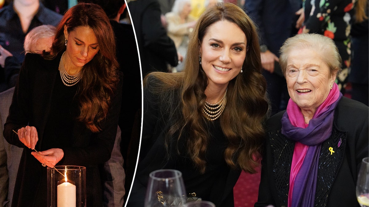 Kate Middleton lighting a candle and posing next to a Holocaust survivor.